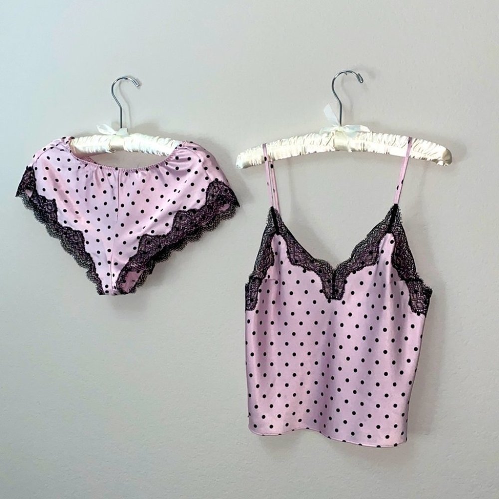 Very Sexy Lace Satin Cami + Shorts Sleep Set Pink Polka Dot Small